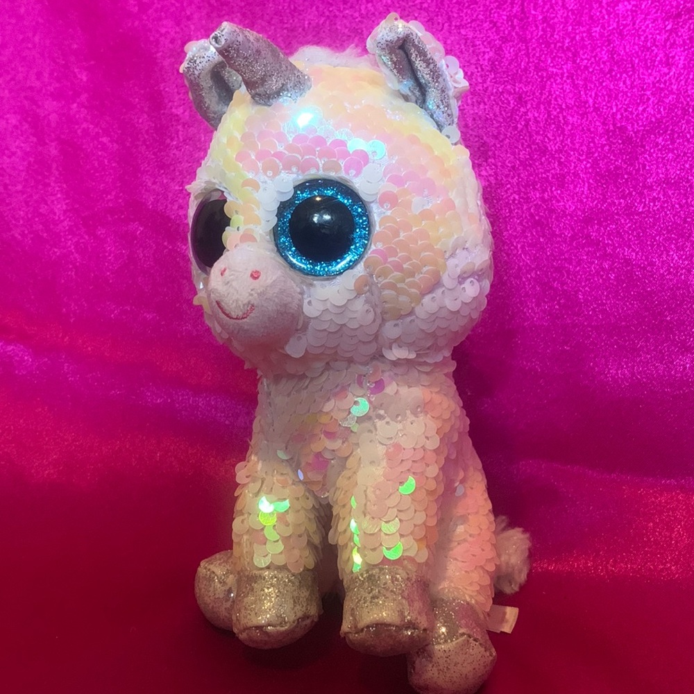 TY sequined unicorn pink and chameleon white with sparkly blue eyes
